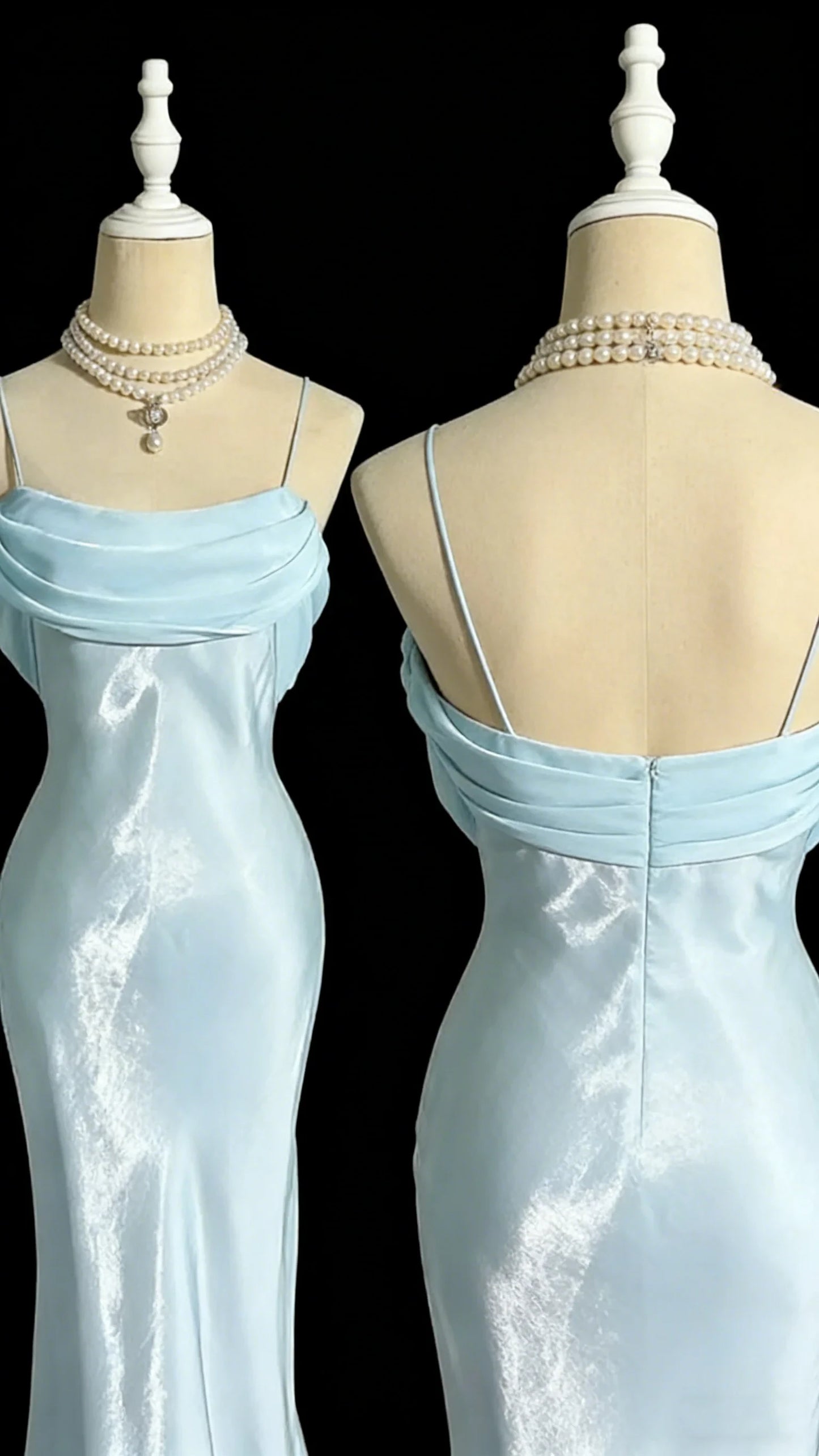 Simple Satin Mermaid Cowl Neck Spaghetti Straps Cowl Back Floor Length Prom Dresses