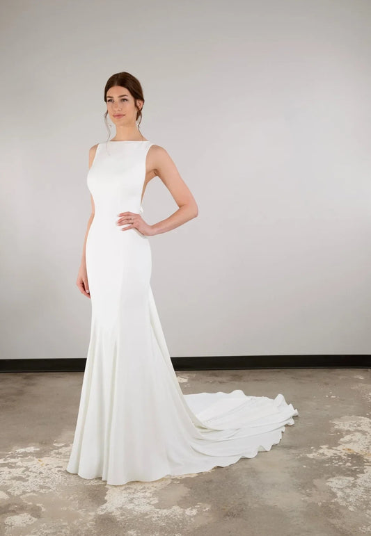 Simple Satin Sheath Boat Neck Sleeveless Bow Detail Open Back Floor-Length with Train Wedding Dresses