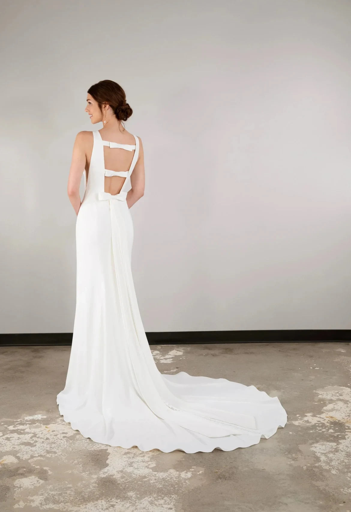 Simple Satin Sheath Boat Neck Sleeveless Bow Detail Open Back Floor-Length with Train Wedding Dresses