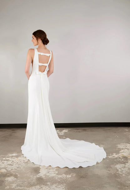 Simple Satin Sheath Boat Neck Sleeveless Bow Detail Open Back Floor-Length with Train Wedding Dresses