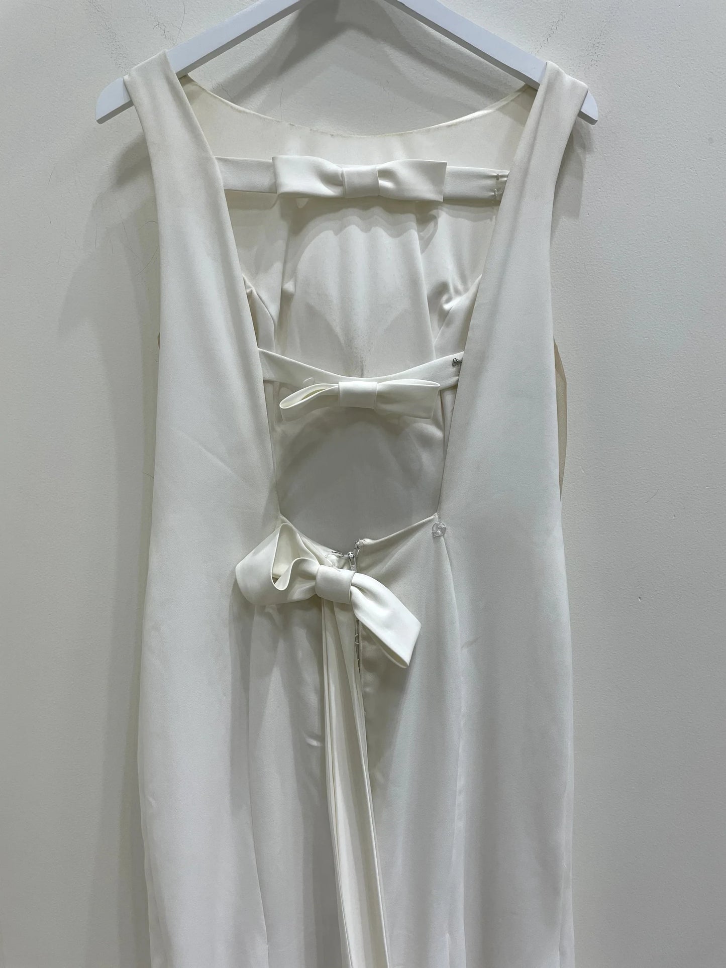 Simple Satin Sheath Boat Neck Sleeveless Bow Detail Open Back Floor-Length with Train Wedding Dresses