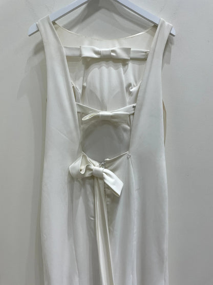 Simple Satin Sheath Boat Neck Sleeveless Bow Detail Open Back Floor-Length with Train Wedding Dresses