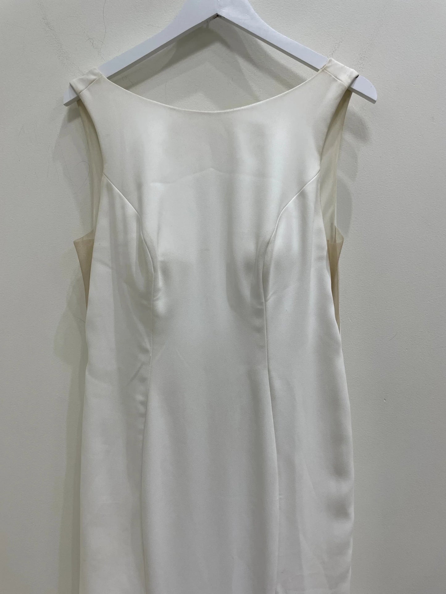 Simple Satin Sheath Boat Neck Sleeveless Bow Detail Open Back Floor-Length with Train Wedding Dresses