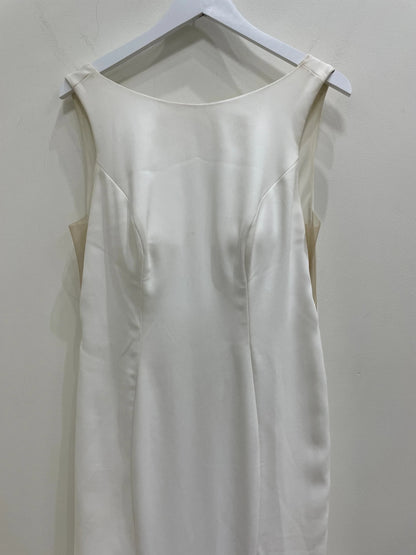 Simple Satin Sheath Boat Neck Sleeveless Bow Detail Open Back Floor-Length with Train Wedding Dresses