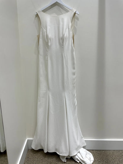 Simple Satin Sheath Boat Neck Sleeveless Bow Detail Open Back Floor-Length with Train Wedding Dresses