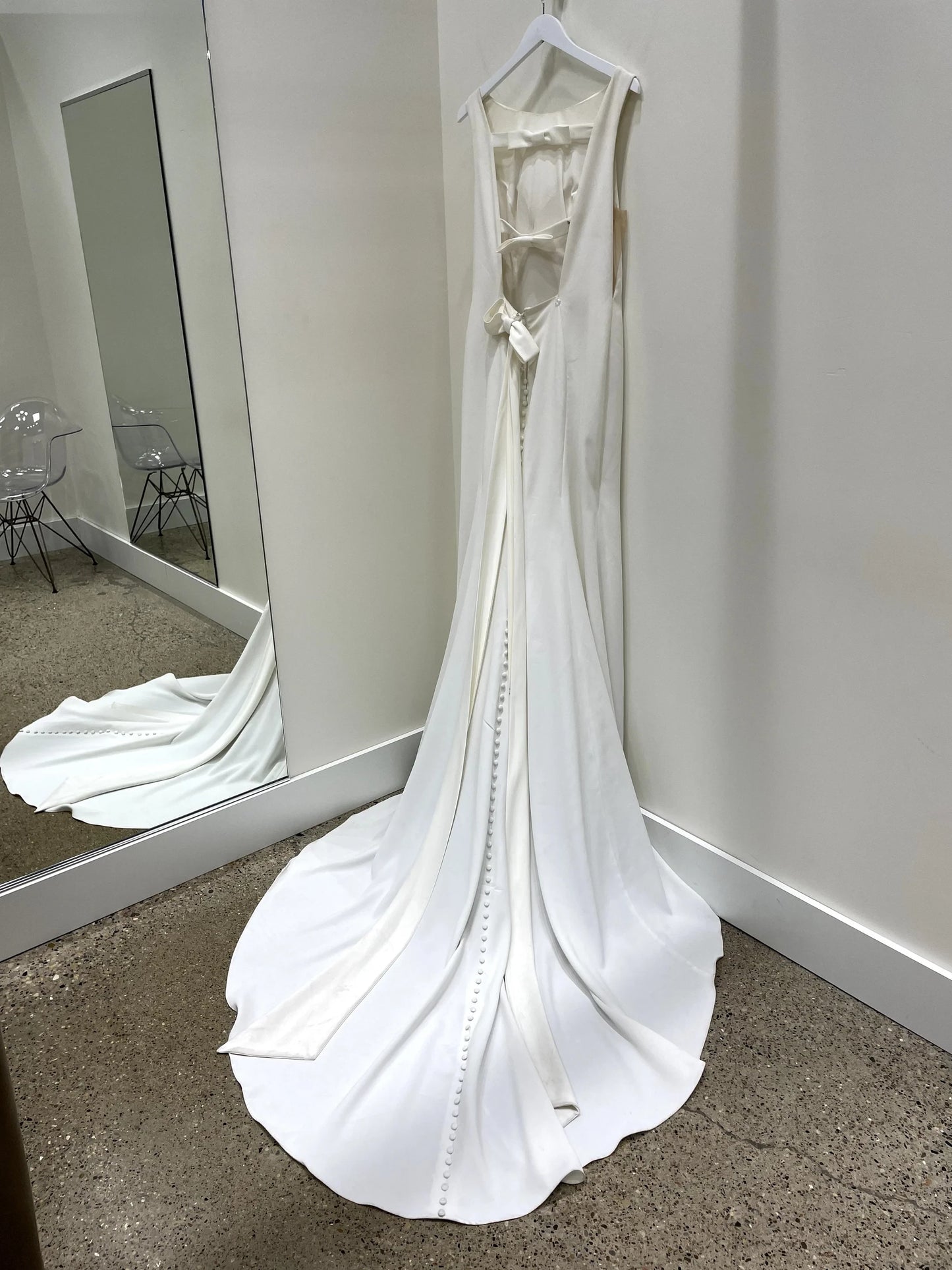 Simple Satin Sheath Boat Neck Sleeveless Bow Detail Open Back Floor-Length with Train Wedding Dresses
