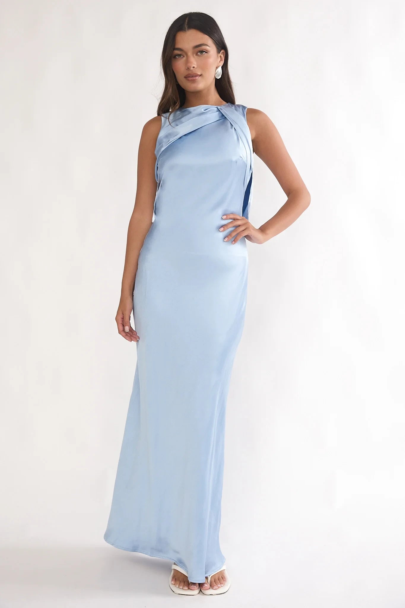Simple Satin Sheath Cowl Neck Sleeveless Open Back Tie Floor-Length Prom Dresses
