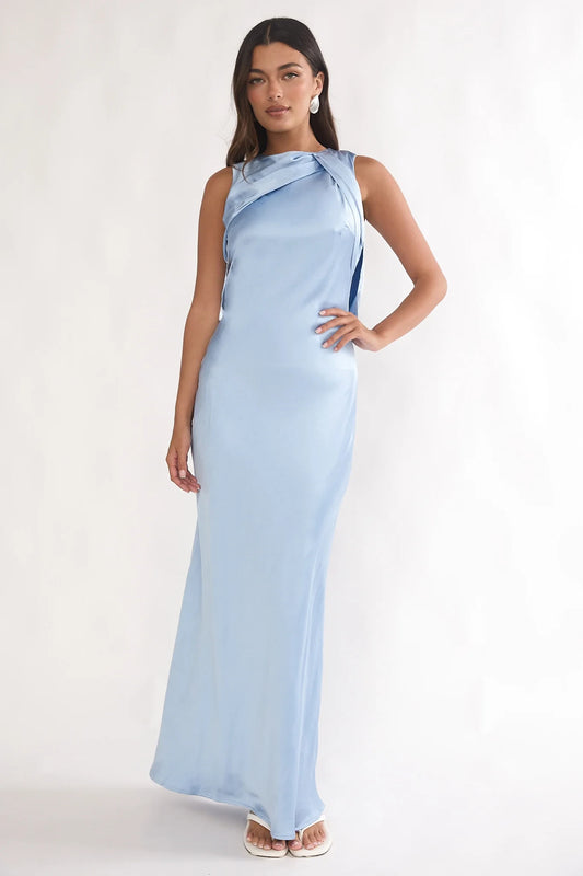 Simple Satin Sheath Cowl Neck Sleeveless Open Back Tie Floor-Length Prom Dresses