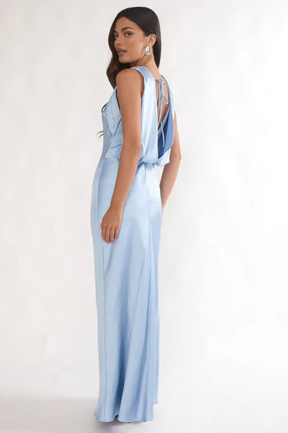Simple Satin Sheath Cowl Neck Sleeveless Open Back Tie Floor-Length Prom Dresses