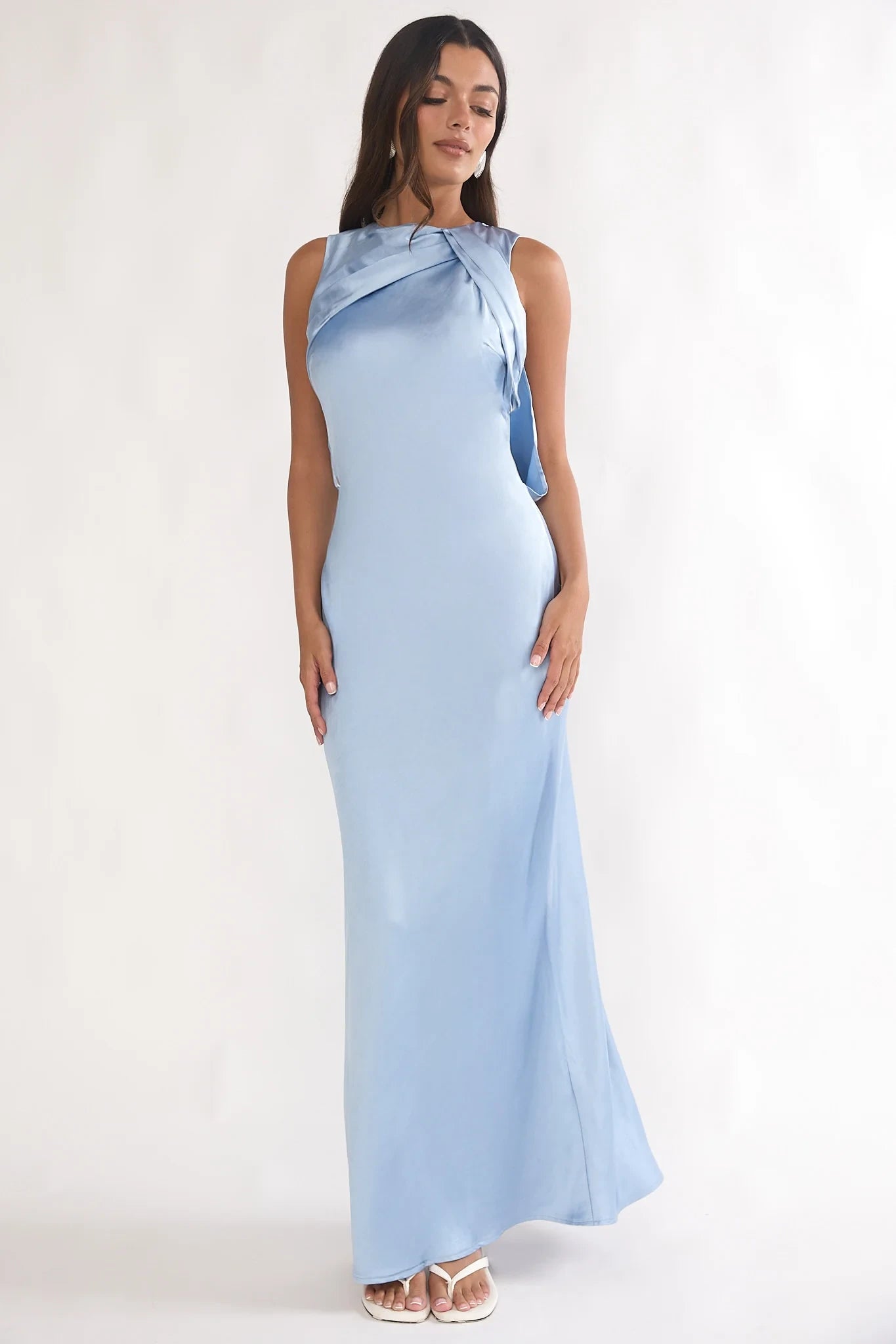 Simple Satin Sheath Cowl Neck Sleeveless Open Back Tie Floor-Length Prom Dresses