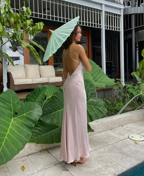 Simple Satin Sheath Cowl Neck Spaghetti Strap Open Back Floor-Length Prom Dresses