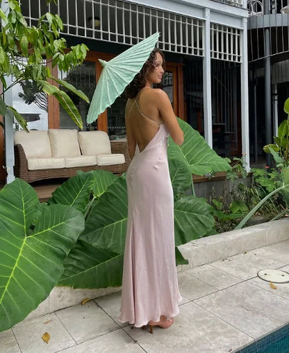 Simple Satin Sheath Cowl Neck Spaghetti Strap Open Back Floor-Length Prom Dresses