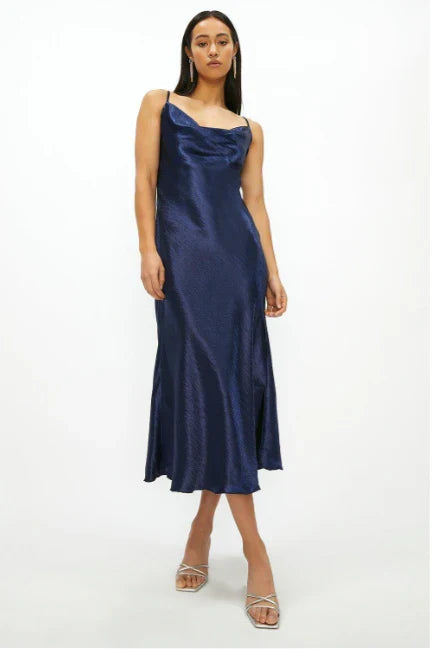 Simple Satin Sheath Cowl Neck Spaghetti Strap Straight Back Prom Dresses