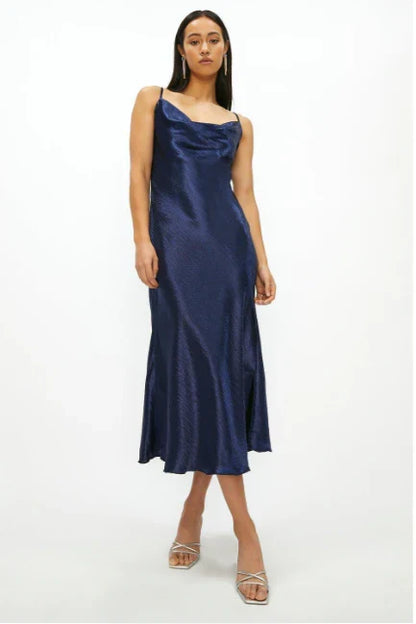Simple Satin Sheath Cowl Neck Spaghetti Strap Straight Back Prom Dresses