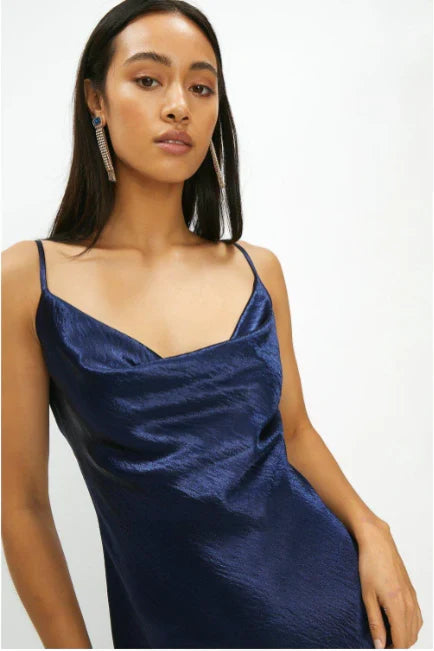 Simple Satin Sheath Cowl Neck Spaghetti Strap Straight Back Prom Dresses