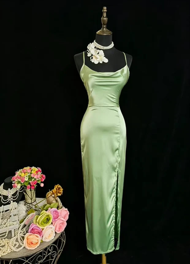 Simple Satin Sheath High Slit Cowl Neck Sleeveless Lace-Up Back Floor-Length Prom Dresses