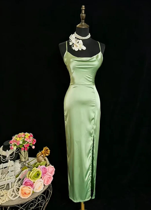 Simple Satin Sheath High Slit Cowl Neck Sleeveless Lace-Up Back Floor-Length Prom Dresses