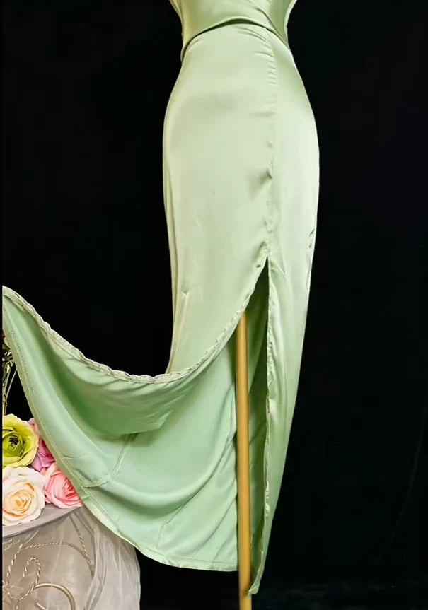 Simple Satin Sheath High Slit Cowl Neck Sleeveless Lace-Up Back Floor-Length Prom Dresses