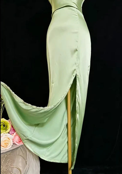Simple Satin Sheath High Slit Cowl Neck Sleeveless Lace-Up Back Floor-Length Prom Dresses