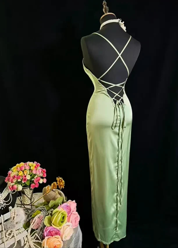 Simple Satin Sheath High Slit Cowl Neck Sleeveless Lace-Up Back Floor-Length Prom Dresses