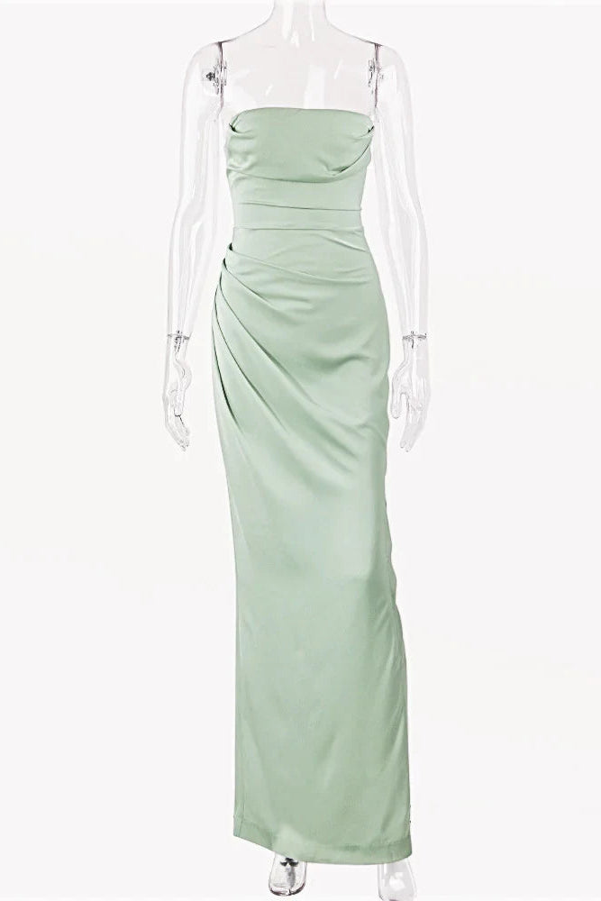 Simple Satin Sheath High Slit Strapless Sleeveless Back Zipper Floor-Length Prom Dresses