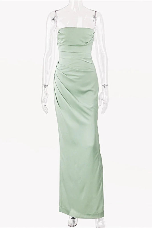 Simple Satin Sheath High Slit Strapless Sleeveless Back Zipper Floor-Length Prom Dresses