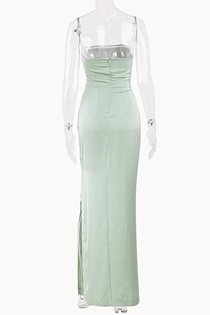 Simple Satin Sheath High Slit Strapless Sleeveless Back Zipper Floor-Length Prom Dresses