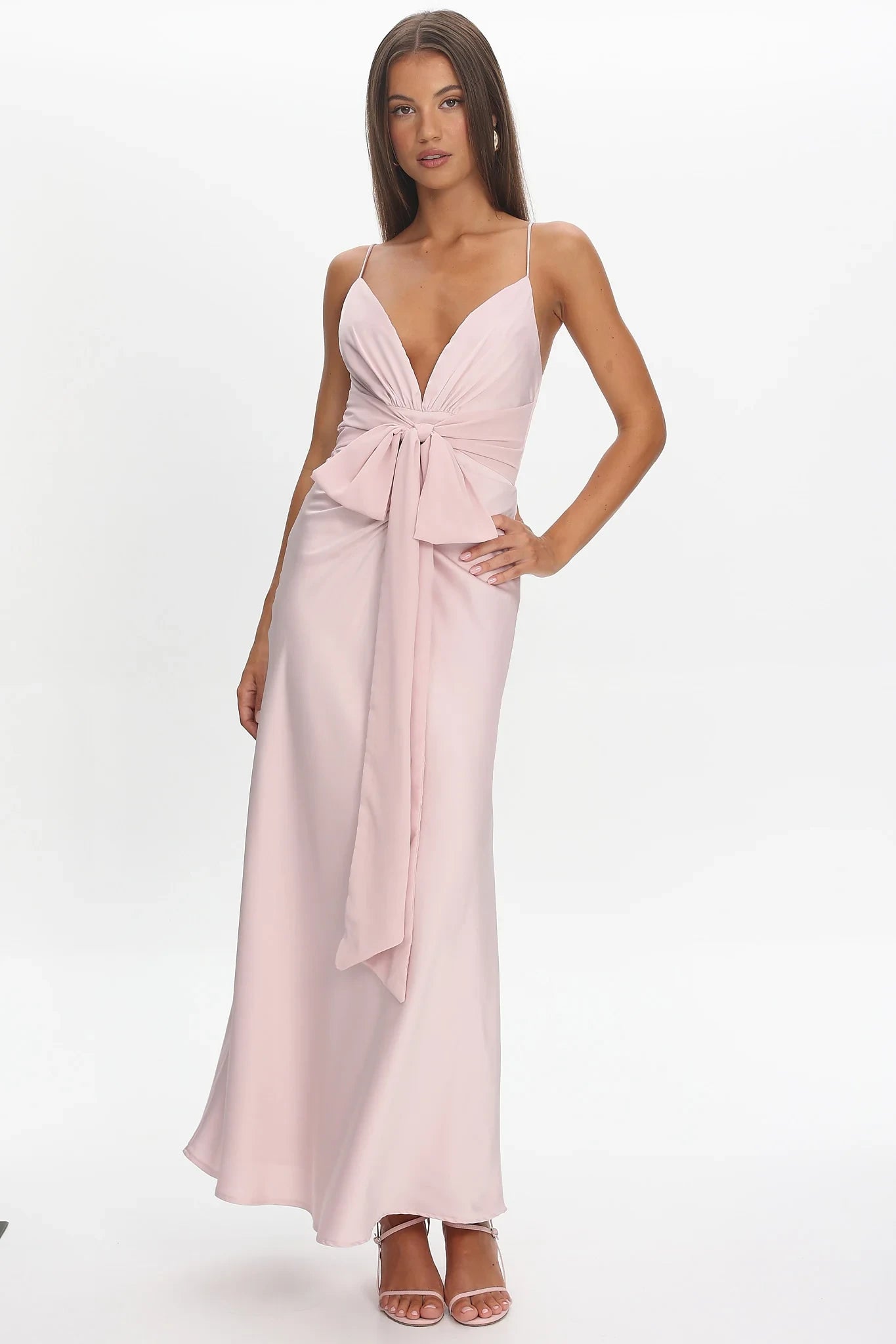 Simple Satin Sheath Plunge V-Neck Spaghetti Strap Open Back Floor Length Prom Dresses