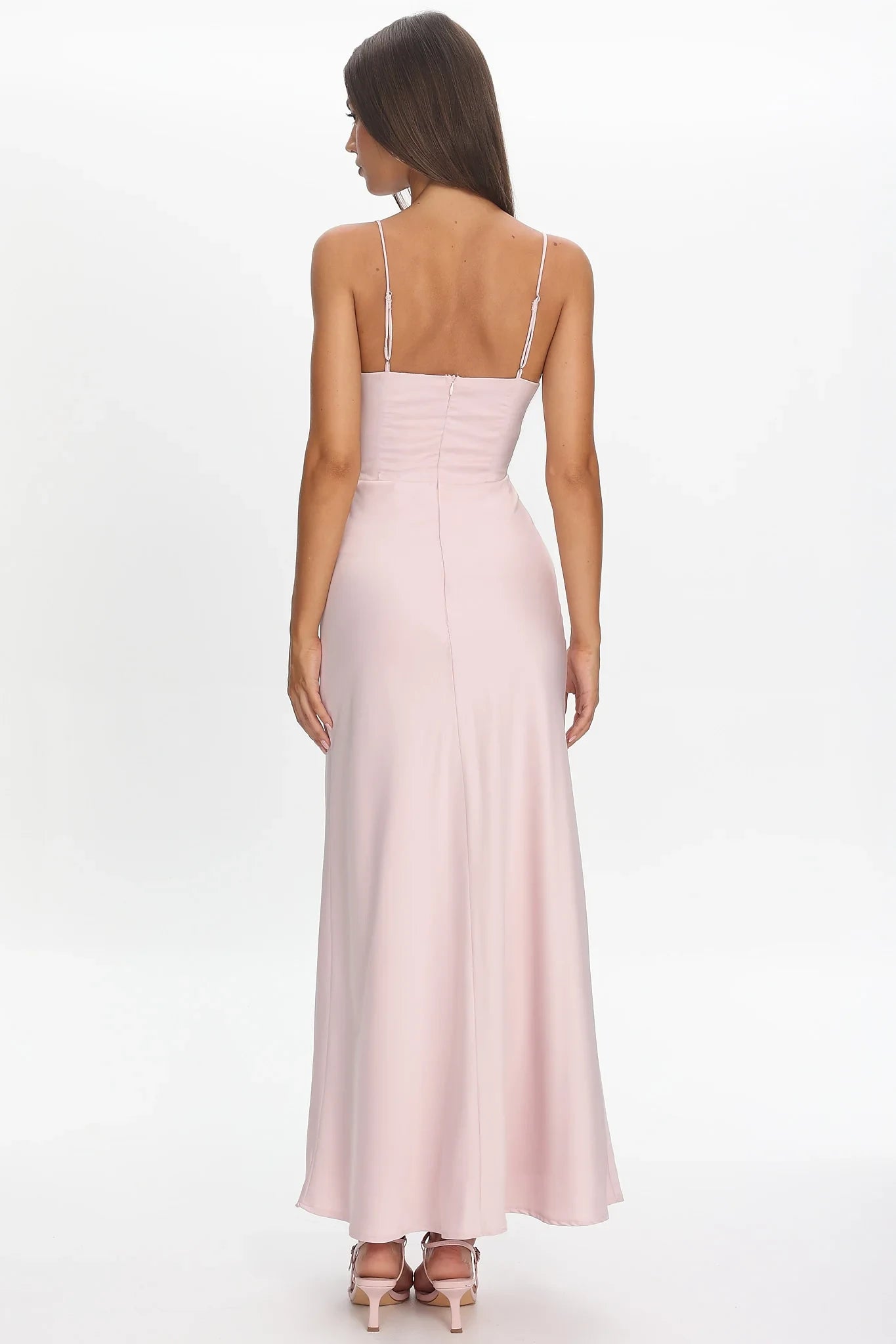 Simple Satin Sheath Plunge V-Neck Spaghetti Strap Open Back Floor Length Prom Dresses