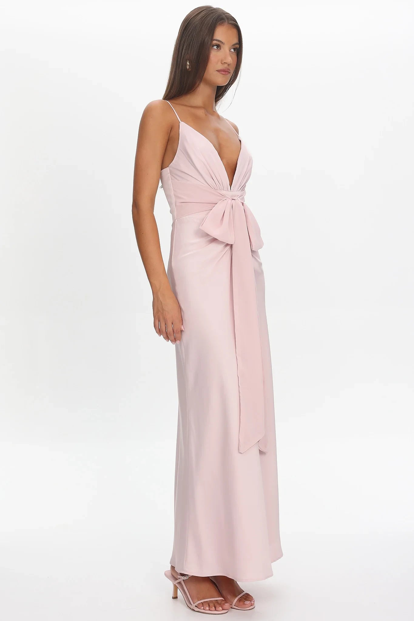 Simple Satin Sheath Plunge V-Neck Spaghetti Strap Open Back Floor Length Prom Dresses