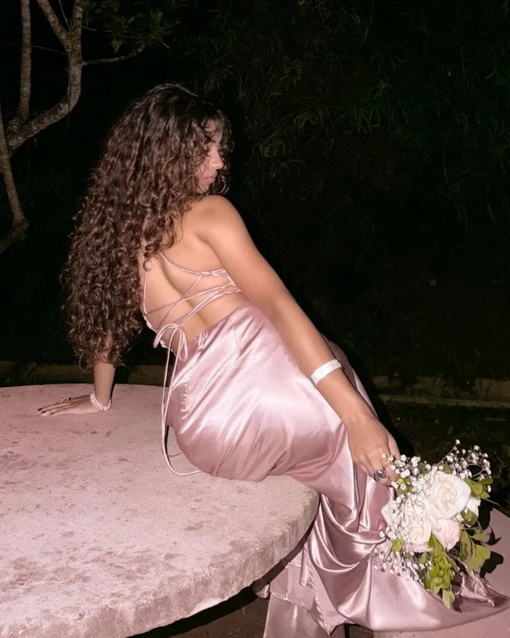 Simple Satin Sheath Sweetheart Spaghetti Strap Open Lace-Up Back Floor-Length Prom Dresses