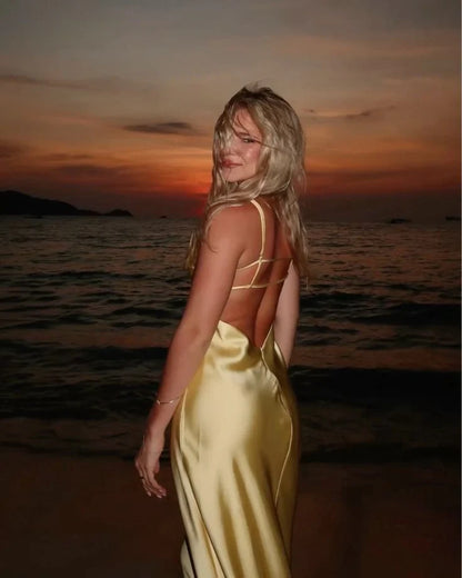 Simple Satin Sheath V-Neck Sleeveless Strappy Back Floor-Length Prom Dresses