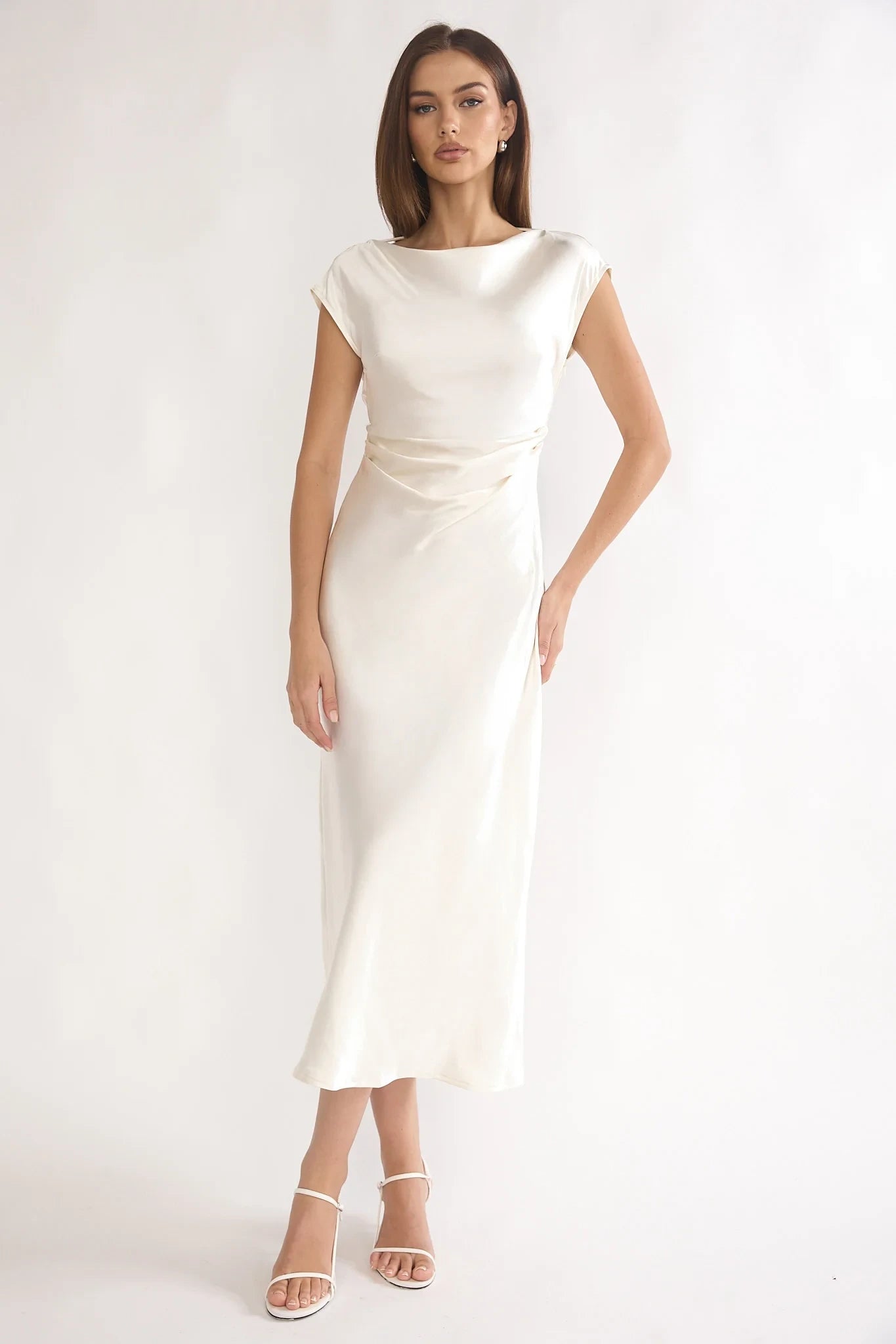 Simple Satin Sheath With Sleeves Boat Neck Cap Sleeves Cowl Back Tie Midi Prom Dresses