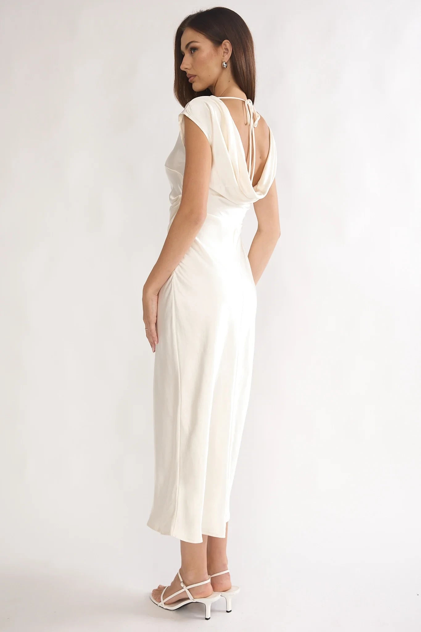 Simple Satin Sheath With Sleeves Boat Neck Cap Sleeves Cowl Back Tie Midi Prom Dresses
