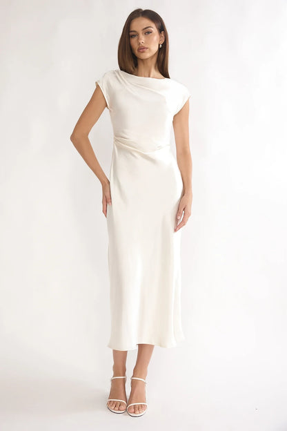 Simple Satin Sheath With Sleeves Boat Neck Cap Sleeves Cowl Back Tie Midi Prom Dresses