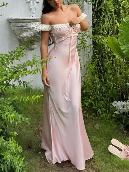 Simple Satin Sheath With Sleeves Off-the-Shoulder Ruffled Short Sleeves Floor-Length Prom Dresses