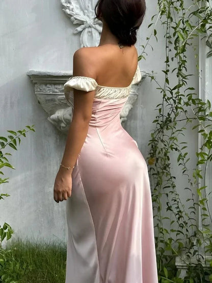 Simple Satin Sheath With Sleeves Off-the-Shoulder Ruffled Short Sleeves Floor-Length Prom Dresses