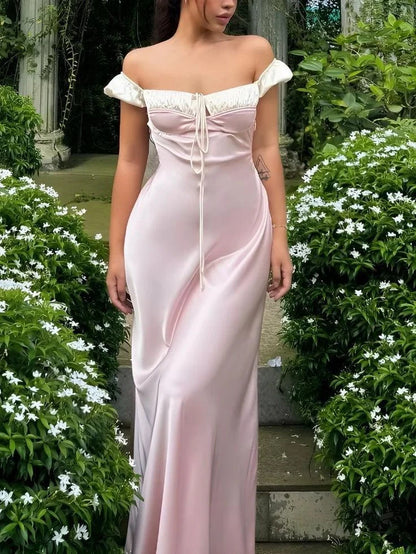 Simple Satin Sheath With Sleeves Off-the-Shoulder Ruffled Short Sleeves Floor-Length Prom Dresses