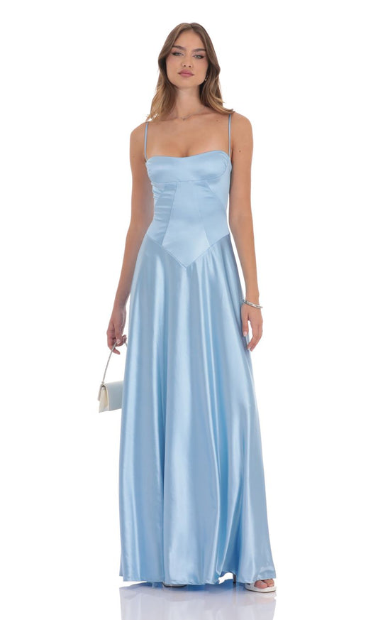 Sky Blue Spaghetti Strap Satin Evening Dress with Corset Bodice & Lace-Up Back