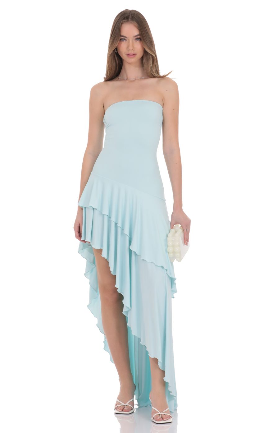 Sky Blue Strapless Chiffon Evening Dress with Asymmetric Ruffled Hem