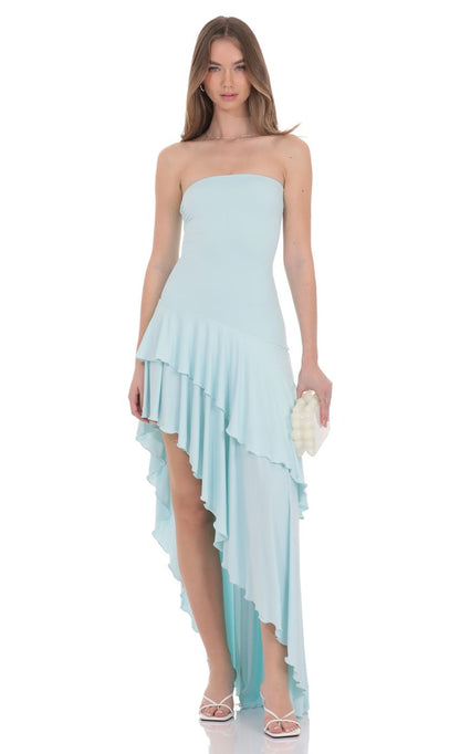 Sky Blue Strapless Chiffon Evening Dress with Asymmetric Ruffled Hem