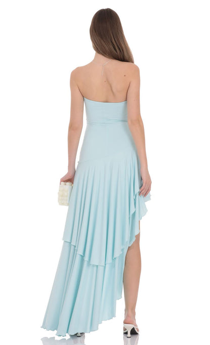 Sky Blue Strapless Chiffon Evening Dress with Asymmetric Ruffled Hem