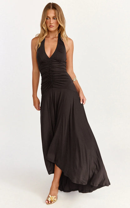 Sleek A-Line Halter Neck Ruched High-Low Hem Evening Dress