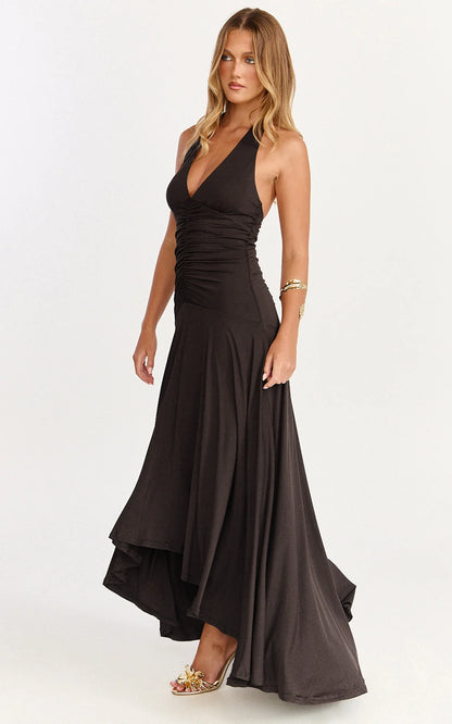 Sleek A-Line Halter Neck Ruched High-Low Hem Evening Dress
