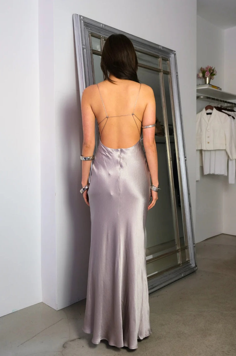 Sleek Bias-Cut V-Neck Open-Back Spaghetti-Strap Floor-Length Satin Evening Dress