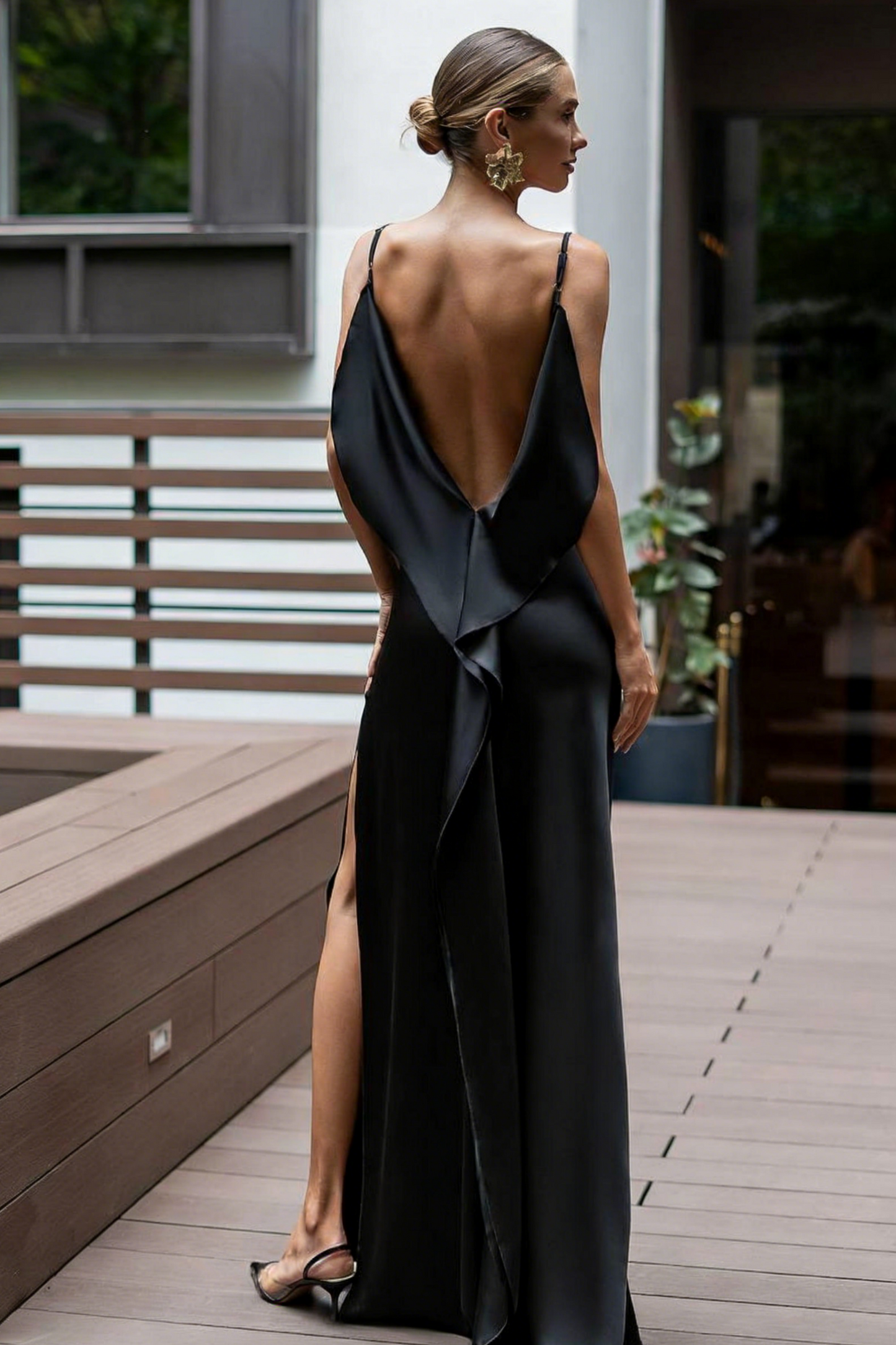 Sleek Black Satin Evening Dress with Cowl Neck, Draped Open Back and High Slit