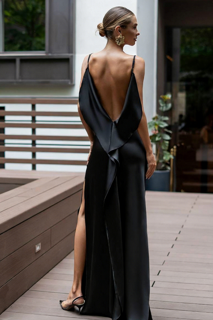 Sleek Black Satin Evening Dress with Cowl Neck, Draped Open Back and High Slit