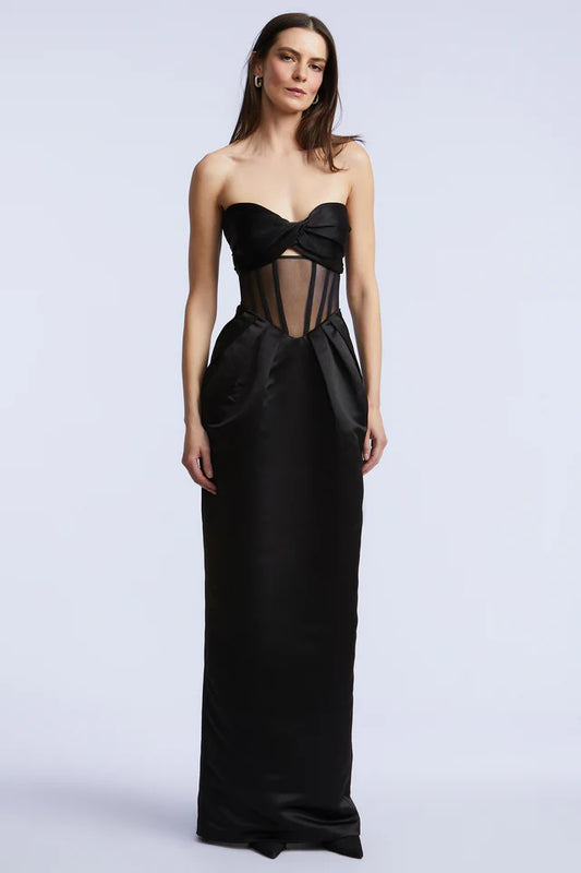 Sleek Black Satin Fitted Strapless Sweetheart Neck Floor-Length Evening Dresses