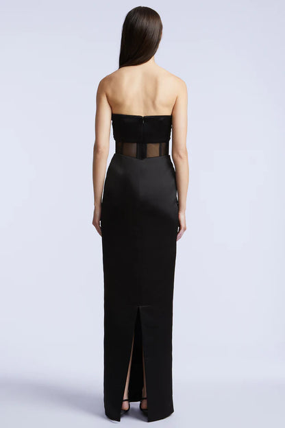 Sleek Black Satin Fitted Strapless Sweetheart Neck Floor-Length Evening Dresses