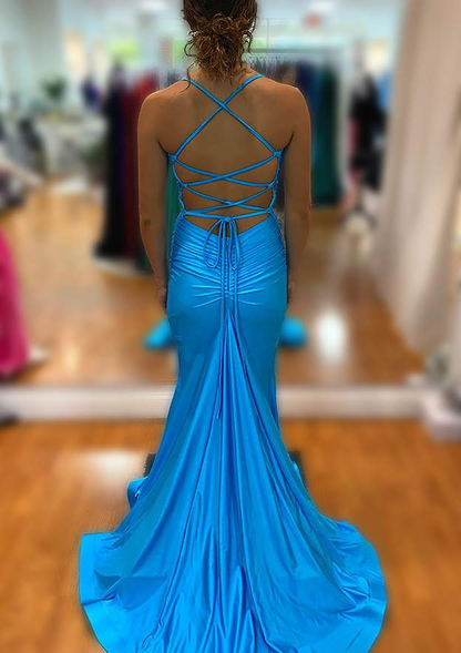 Sleek Satin Mermaid V-Neck Lace-Up Open Back Floor-Length Prom Dress